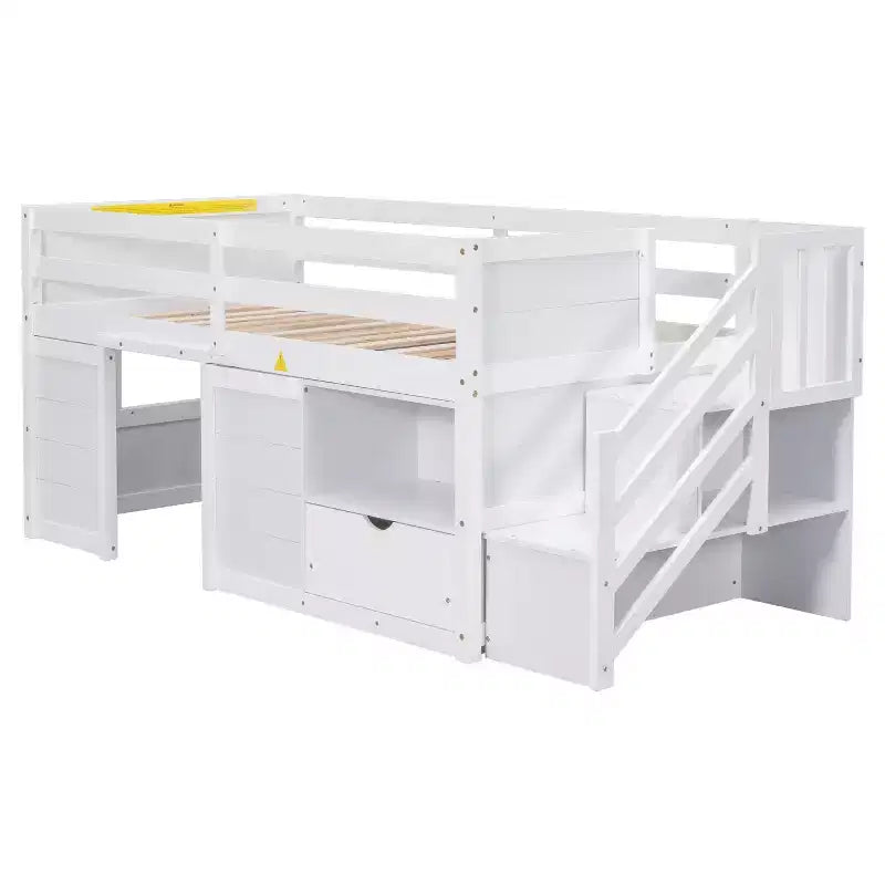 94.6L x 42.3W Solid Wood Twin Size Low Loft Bed With Stair, Drawer And Shelf, Modern & Clean Design