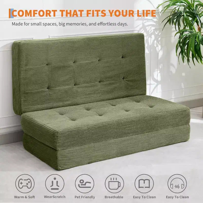 SunnyFurn 6 Inch Tri-Fold Mattress Sofa Bed, 75X54.3 Foam Folding Guest Bed with Tufted Corduroy, Portable for Camping, Living Room, Bedroom