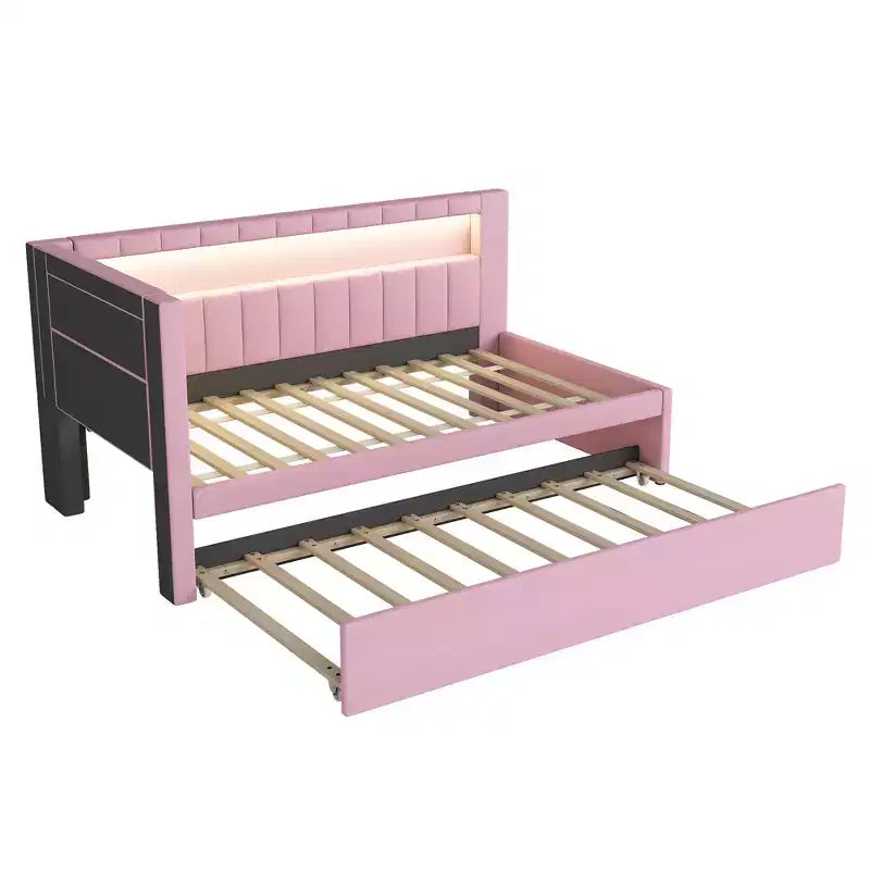 Twin/Full Daybed with Trundle and L-Shaped Bookshelf Headboard, Linen Upholstered Soft Corner Bed with Storage Shelves and LED Belt