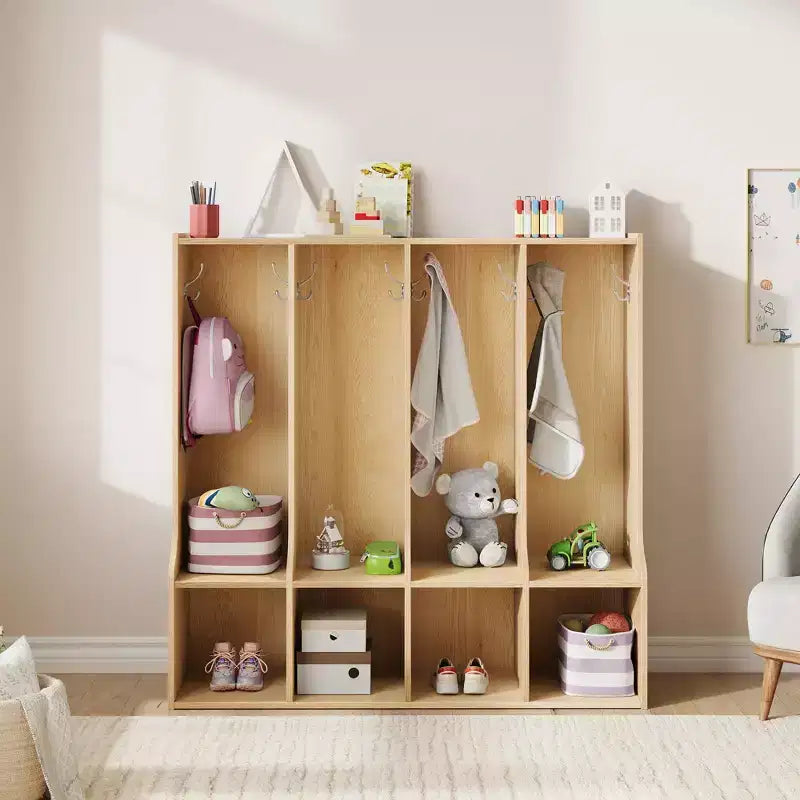 Brown/White 4-Section Cubby Locker with 8 Hooks, for Kids