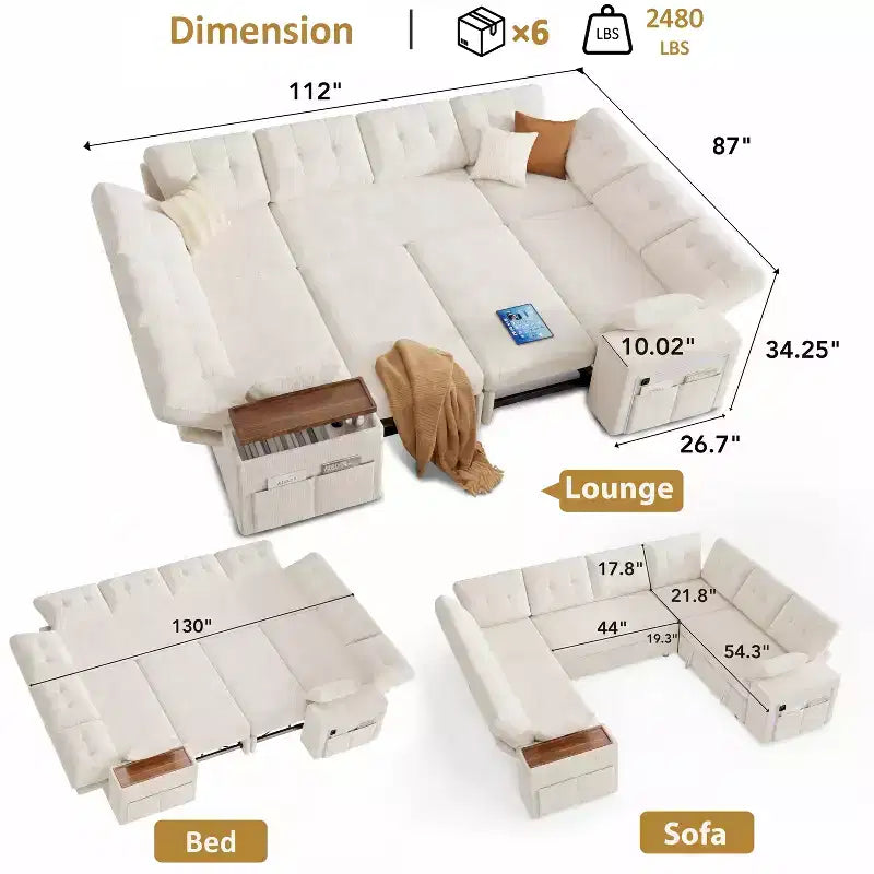 Dyonery 112 Modular Sectional Sleeper Sofa with Pull Out Bed,U-Shaped Sectional Couch with Storage,Extra Wide & Deep Seat Couches for Living Room