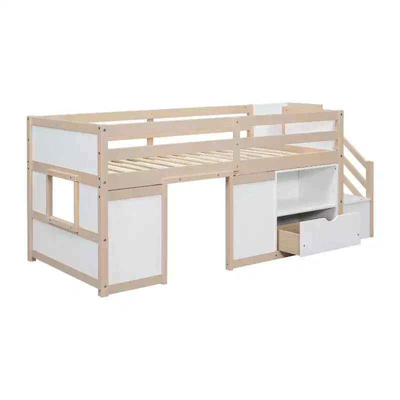 94.6L x 42.3W Solid Wood Twin Size Low Loft Bed With Stair, Drawer And Shelf, Modern & Clean Design