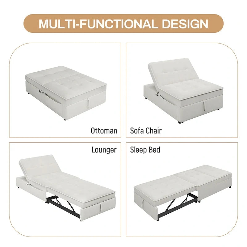 72.5 Linen 4-in-1 3-Seater Sleeper Sofa with 5-Level Adjustable Backrest And Storage Pocket