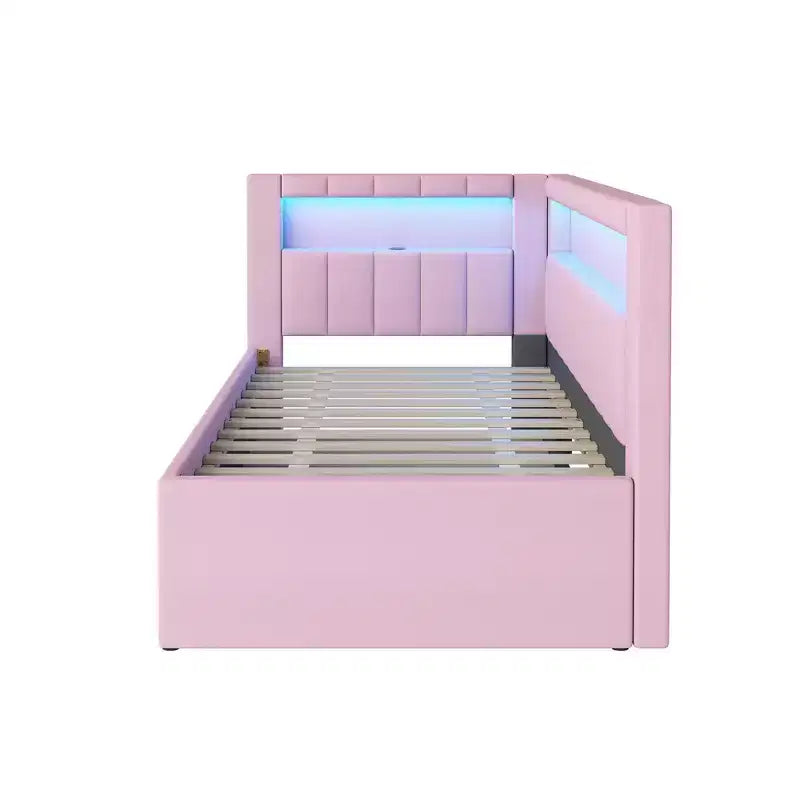 Twin/Full Daybed with Trundle and L-Shaped Bookshelf Headboard, Linen Upholstered Soft Corner Bed with Storage Shelves and LED Belt