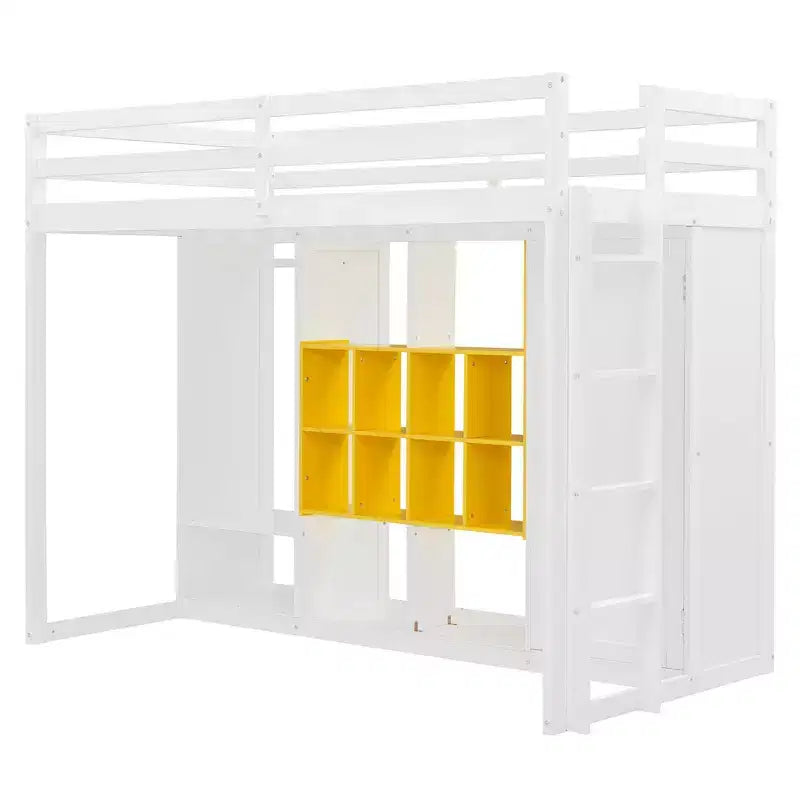 Kids Loft Bed with Wardrobe and Shelves, Wooden Loft Bed Frame with Storage Cabinet for Kids Teens