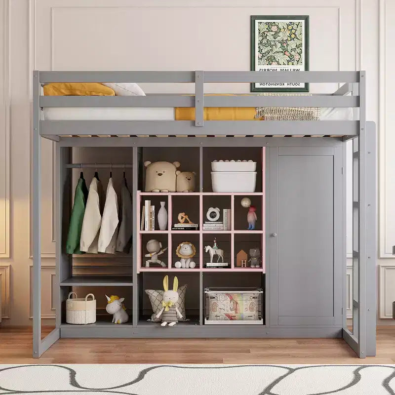 Kids Loft Bed with Wardrobe and Shelves, Wooden Loft Bed Frame with Storage Cabinet for Kids Teens
