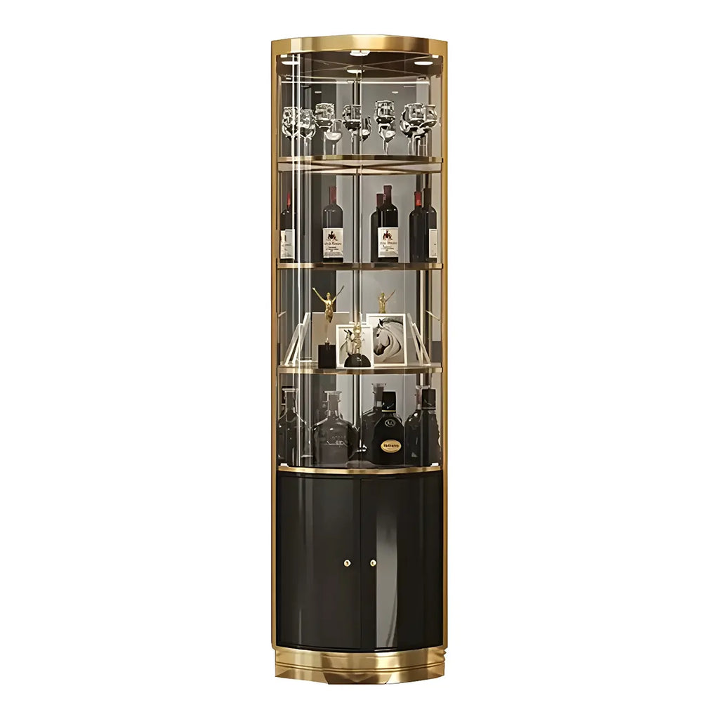Glam Glossy Glass Gold Metal Rounded Display Corner Cabinet