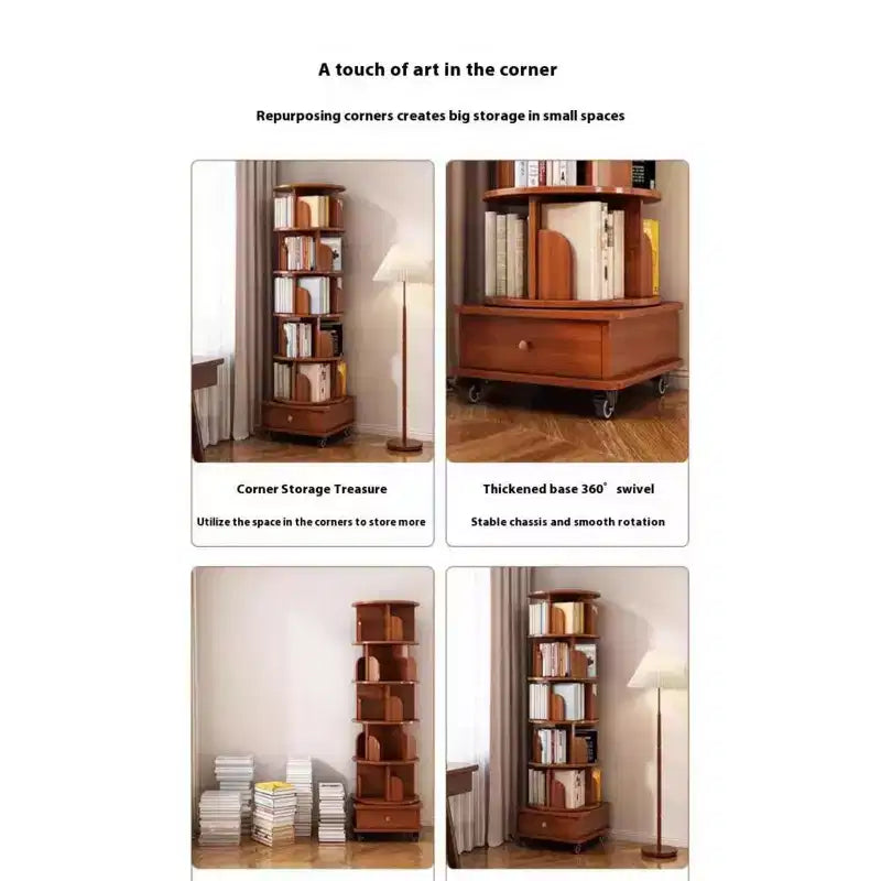 Chic Crate 6-Tier 360 Rotating Corner Bookshelf with Wheels, Narrow Bookcase for Small Spaces  Walnut Brown