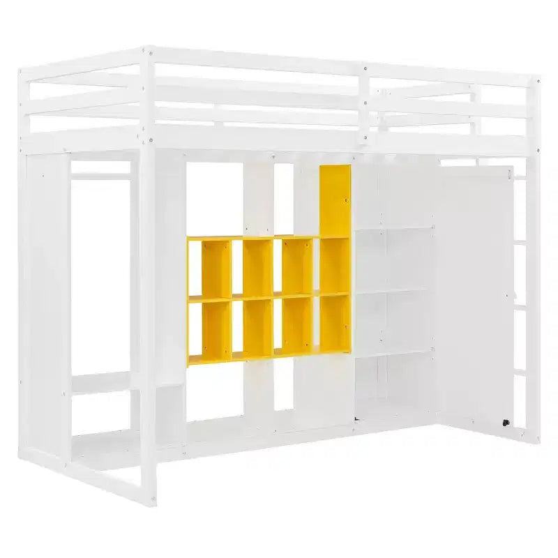 Kids Loft Bed with Wardrobe and Shelves, Wooden Loft Bed Frame with Storage Cabinet for Kids Teens