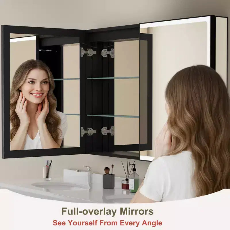 Bathroom Medicine Cabinet with LED Mirror, Surface or Recessed Mount, Dimmable Light, Anti-Fog, Adjustable Shelving