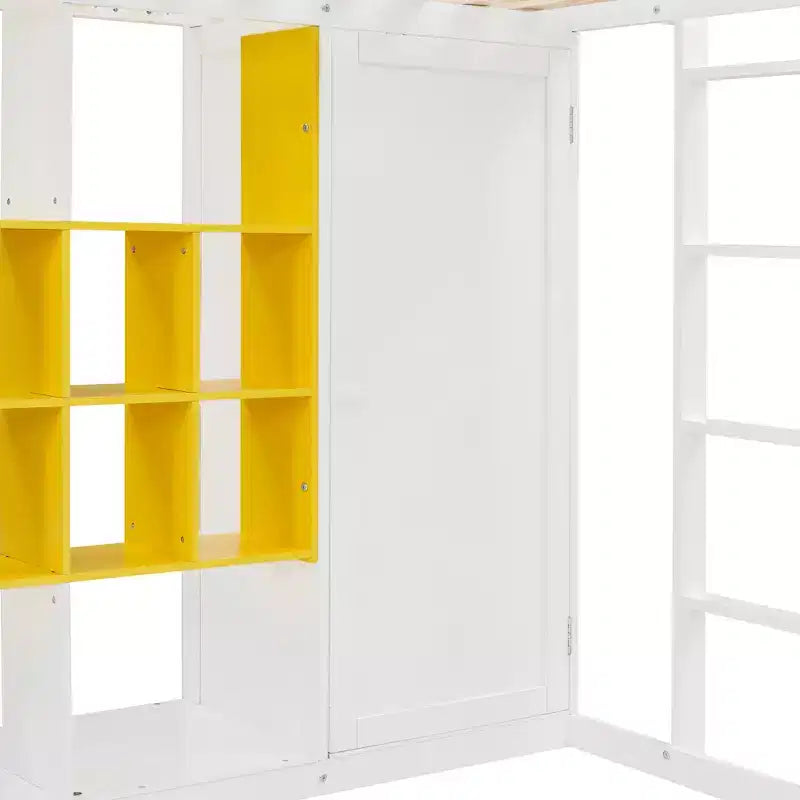 Kids Loft Bed with Wardrobe and Shelves, Wooden Loft Bed Frame with Storage Cabinet for Kids Teens