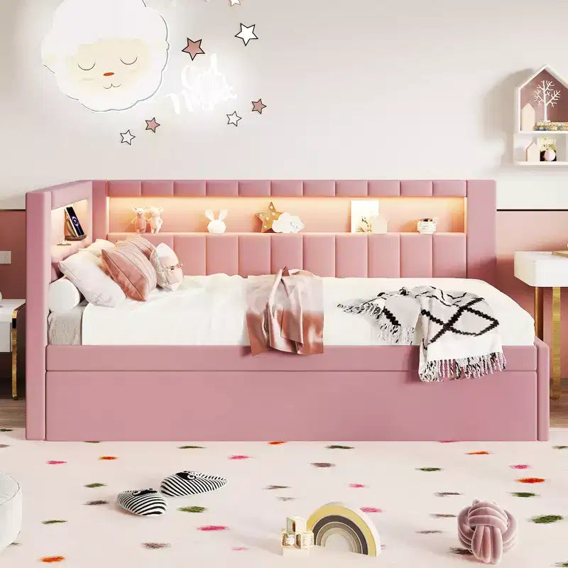 Twin/Full Daybed with Trundle and L-Shaped Bookshelf Headboard, Linen Upholstered Soft Corner Bed with Storage Shelves and LED Belt