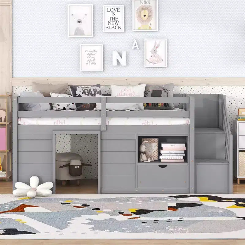 94.6L x 42.3W Solid Wood Twin Size Low Loft Bed With Stair, Drawer And Shelf, Modern & Clean Design