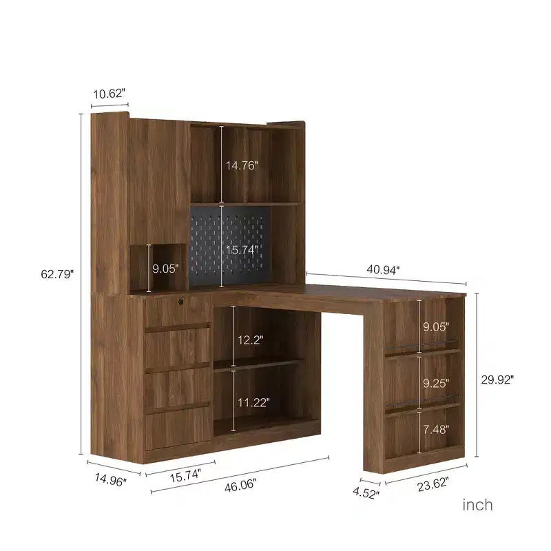 46-Inch L-Shaped Corner Desk with Bookshelf and Drawers