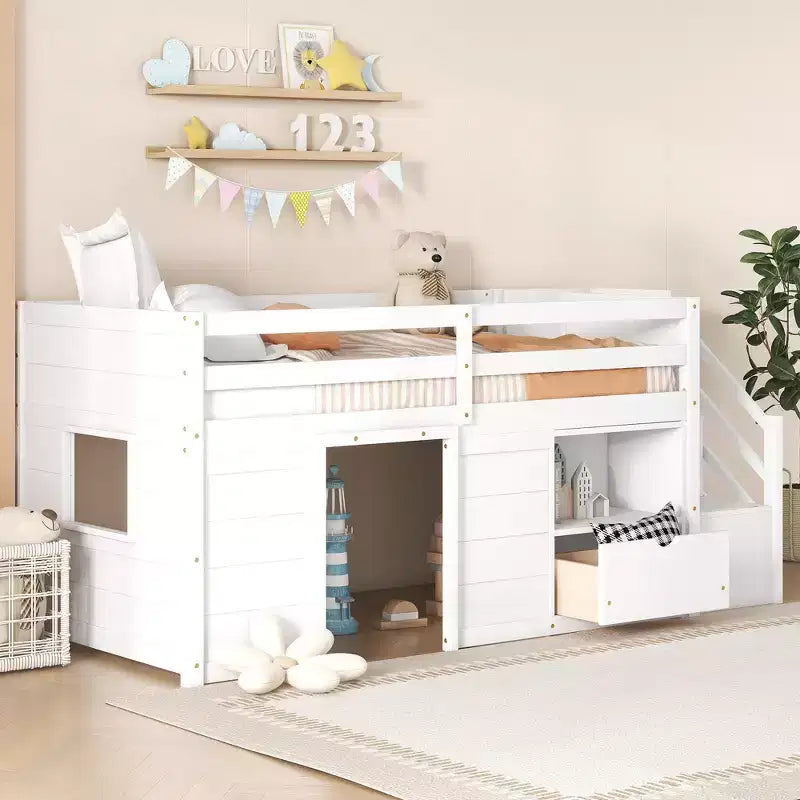 94.6L x 42.3W Solid Wood Twin Size Low Loft Bed With Stair, Drawer And Shelf, Modern & Clean Design
