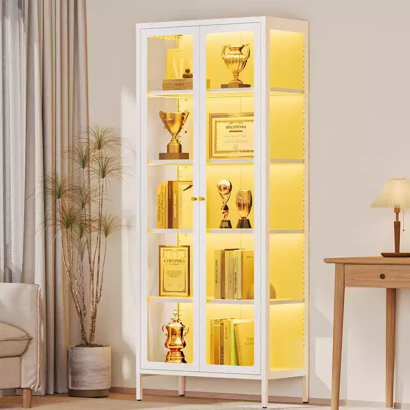 Bekrvio 67H 3-Side Glass Display Cabinet With LED Lights,5-Layer Storage with Double Doors and Metal Frame for Collectibles, Ideal for Small Spaces