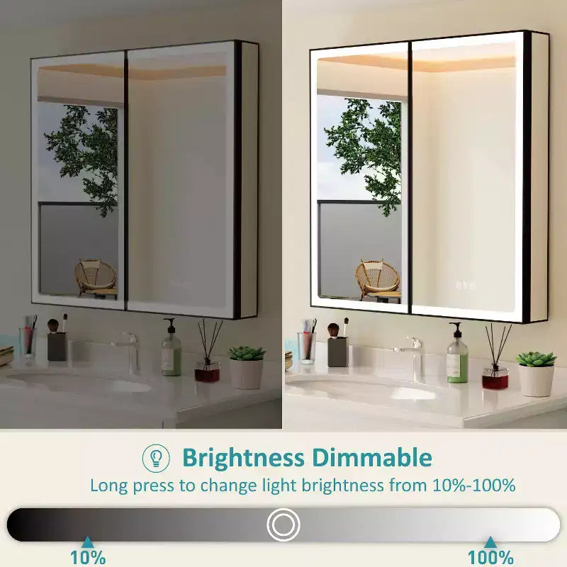 Bathroom Medicine Cabinet with LED Mirror, Surface or Recessed Mount, Dimmable Light, Anti-Fog, Adjustable Shelving