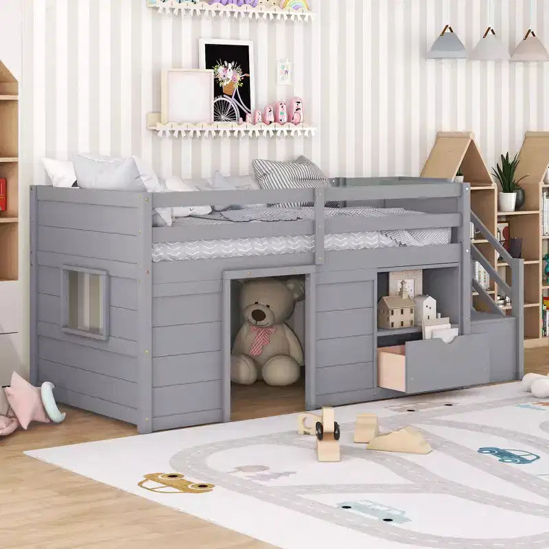 94.6L x 42.3W Solid Wood Twin Size Low Loft Bed With Stair, Drawer And Shelf, Modern & Clean Design