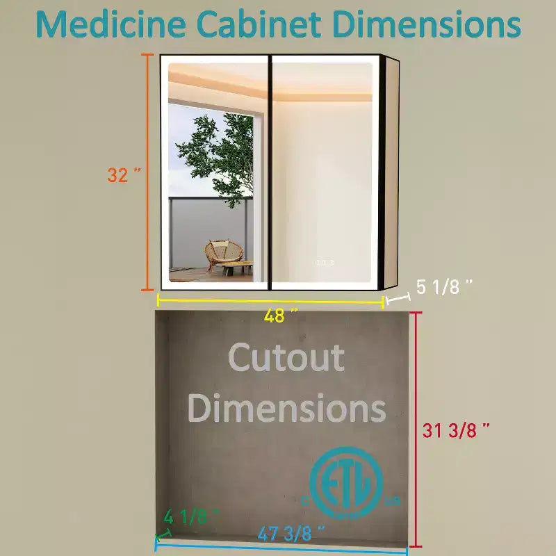 Bathroom Medicine Cabinet with LED Mirror, Surface or Recessed Mount, Dimmable Light, Anti-Fog, Adjustable Shelving