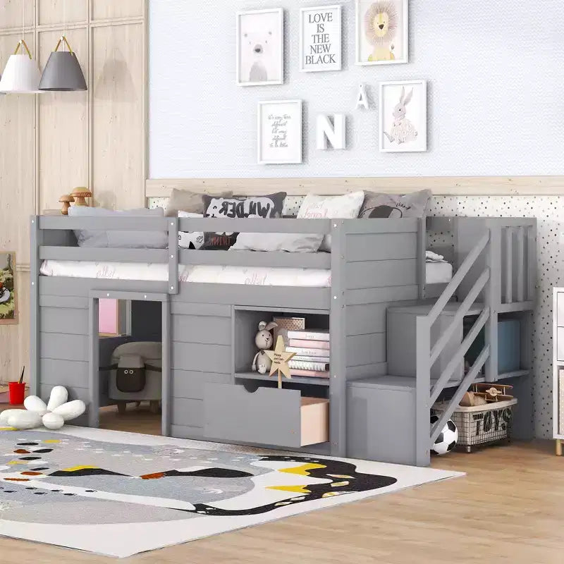 94.6L x 42.3W Solid Wood Twin Size Low Loft Bed With Stair, Drawer And Shelf, Modern & Clean Design
