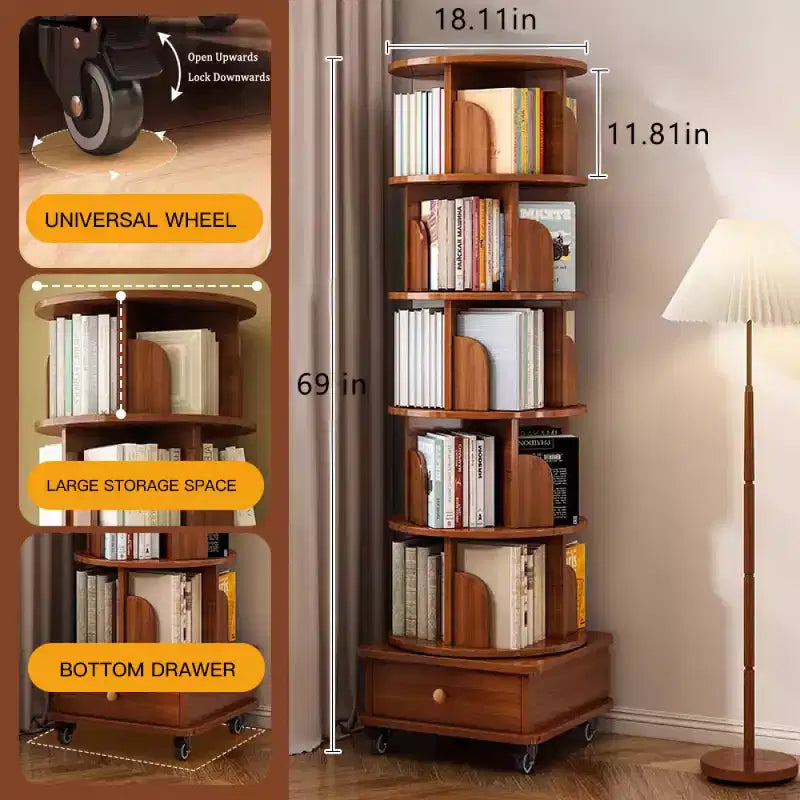 Chic Crate 6-Tier 360 Rotating Corner Bookshelf with Wheels, Narrow Bookcase for Small Spaces  Walnut Brown
