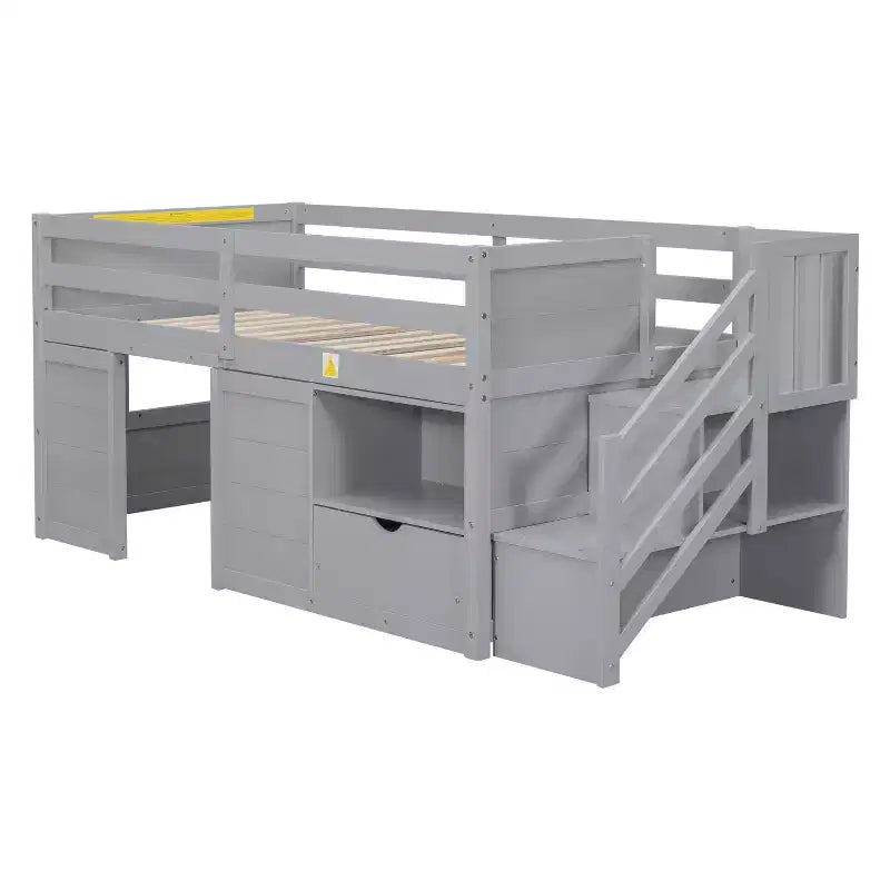 94.6L x 42.3W Solid Wood Twin Size Low Loft Bed With Stair, Drawer And Shelf, Modern & Clean Design