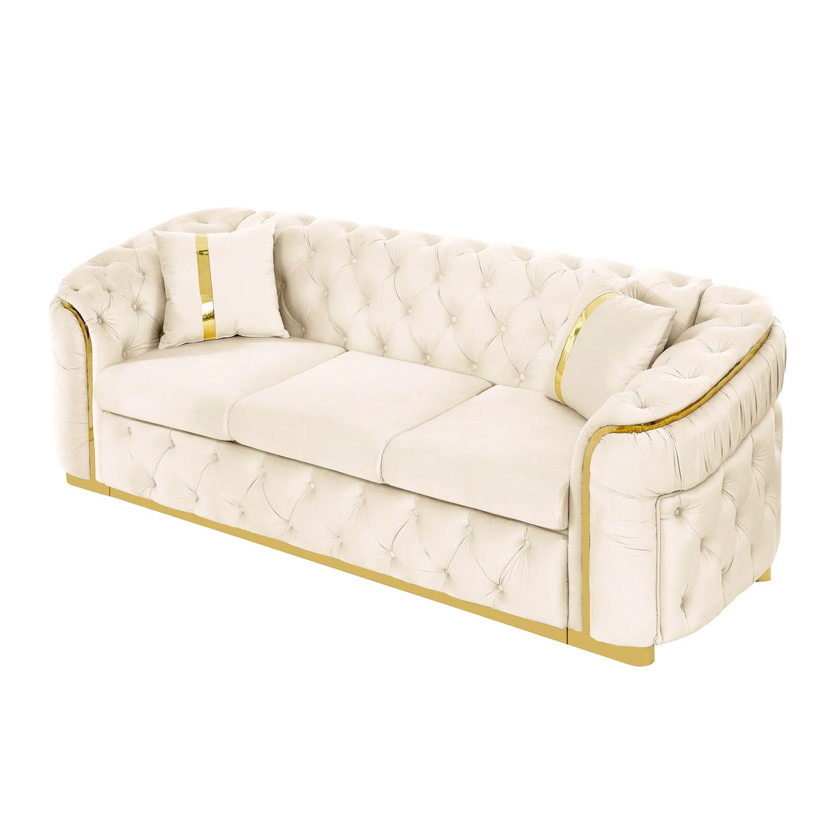 90.6 Velvet 3-Seater Sofa with 2 Pillows High-Density Cushions, Gold Accents, and Pillows