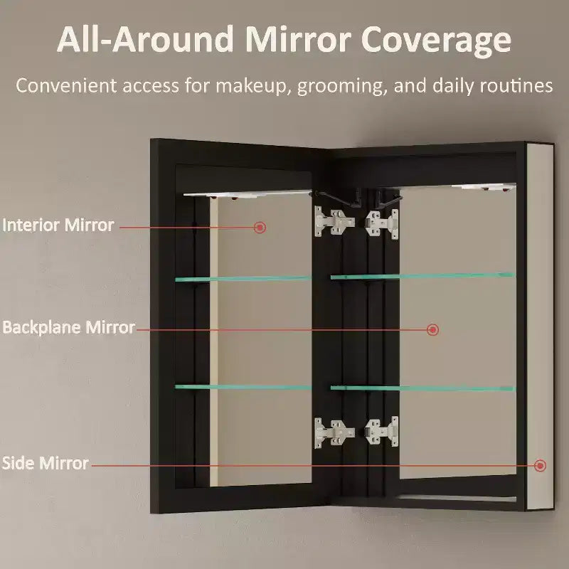 Bathroom Medicine Cabinet with LED Mirror, Surface or Recessed Mount, Dimmable Light, Anti-Fog, Adjustable Shelving