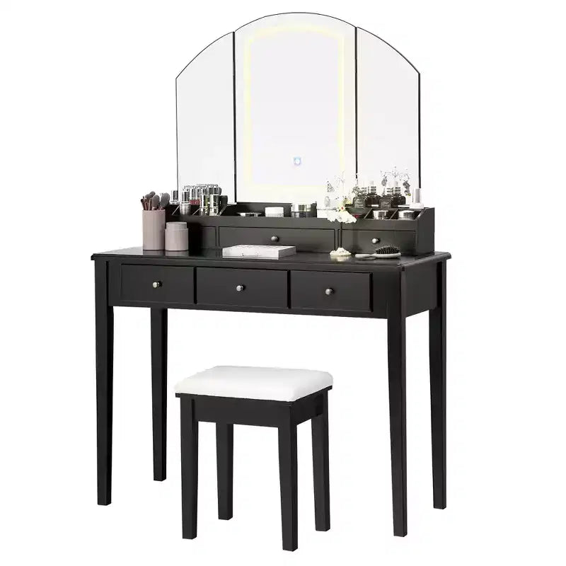 Costway Vanity Table Stool Set Large Tri-folding Lighted Mirror 6 Drawer Dresser White\Black