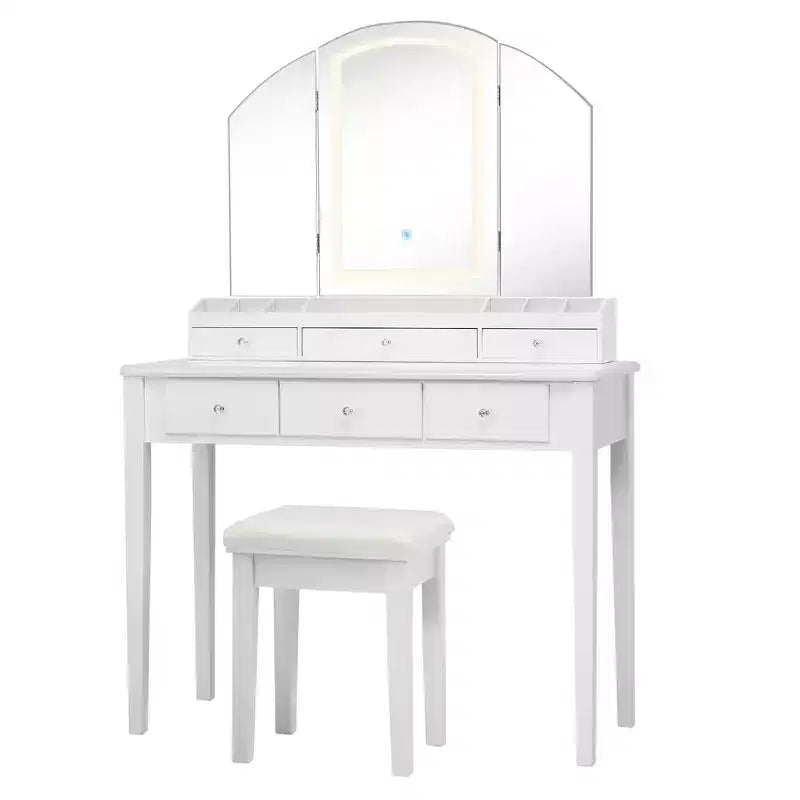 Costway Vanity Table Stool Set Large Tri-folding Lighted Mirror 6 Drawer Dresser White\Black