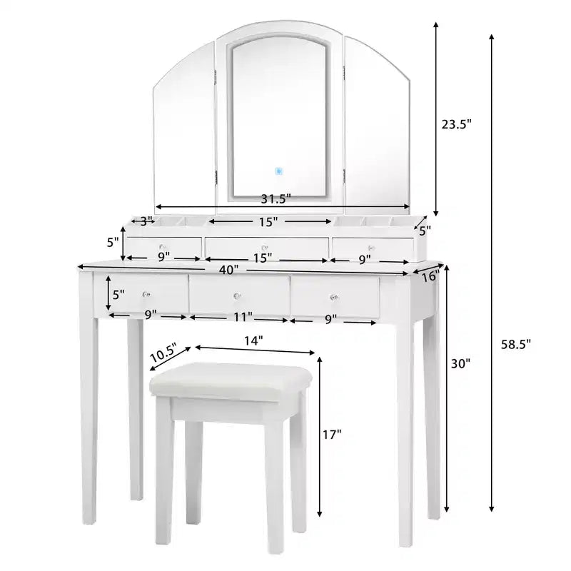 Costway Vanity Table Stool Set Large Tri-folding Lighted Mirror 6 Drawer Dresser White\Black