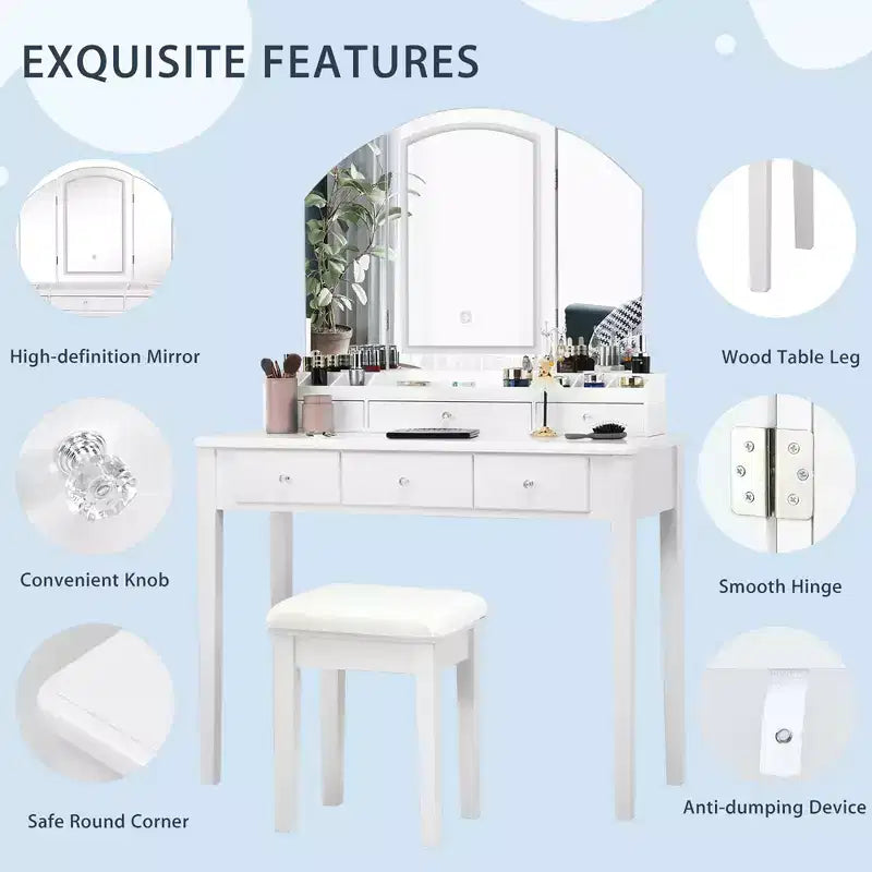 Costway Vanity Table Stool Set Large Tri-folding Lighted Mirror 6 Drawer Dresser White\Black