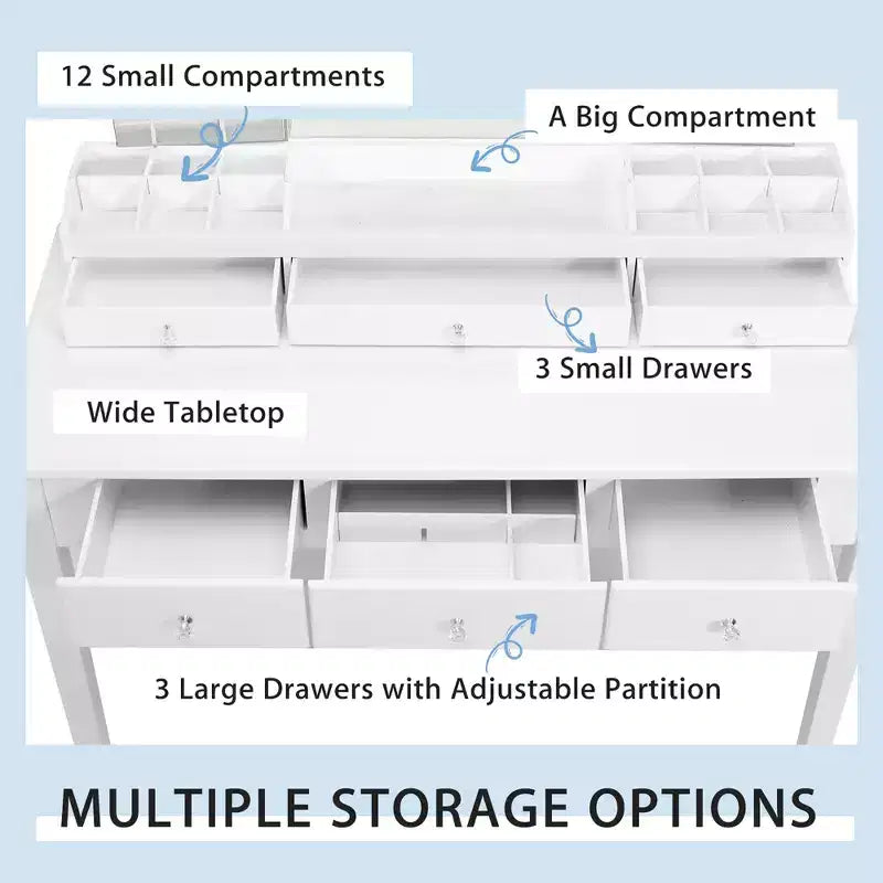 Costway Vanity Table Stool Set Large Tri-folding Lighted Mirror 6 Drawer Dresser White\Black