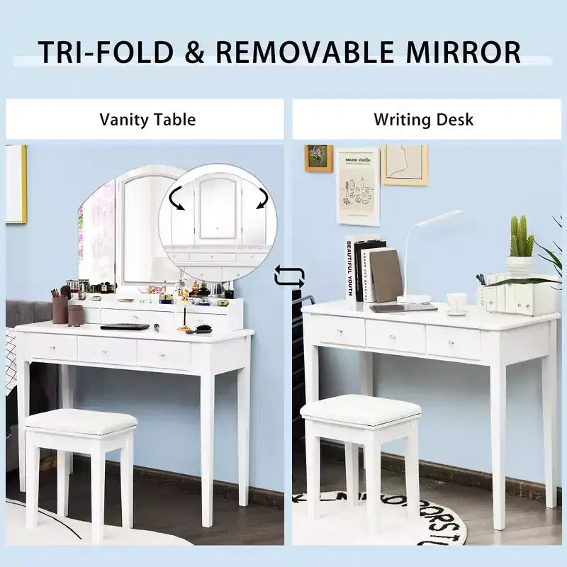 Costway Vanity Table Stool Set Large Tri-folding Lighted Mirror 6 Drawer Dresser White\Black