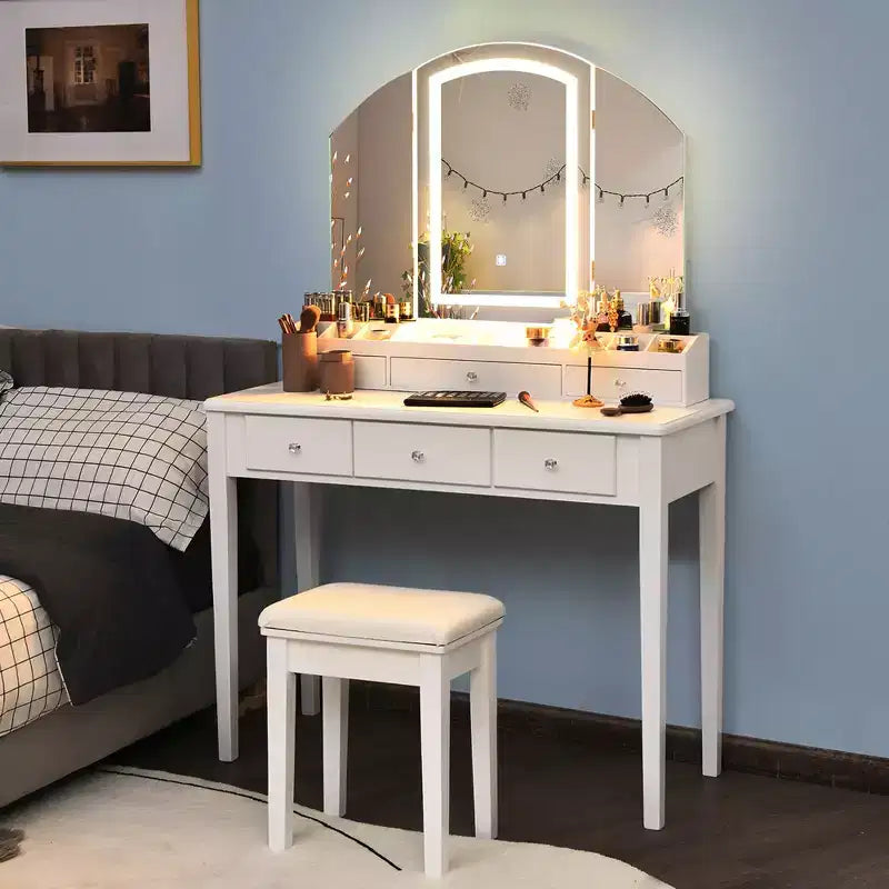 Costway Vanity Table Stool Set Large Tri-folding Lighted Mirror 6 Drawer Dresser White\Black