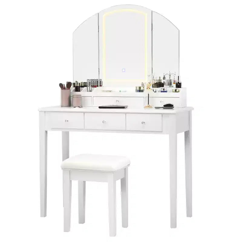 Costway Vanity Table Stool Set Large Tri-folding Lighted Mirror 6 Drawer Dresser White\Black