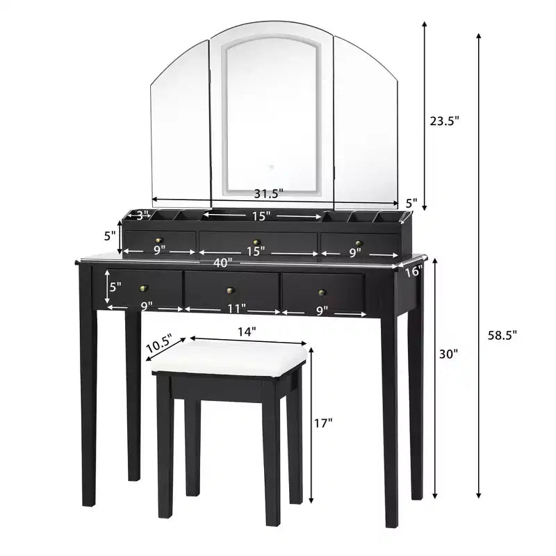 Costway Vanity Table Stool Set Large Tri-folding Lighted Mirror 6 Drawer Dresser White\Black