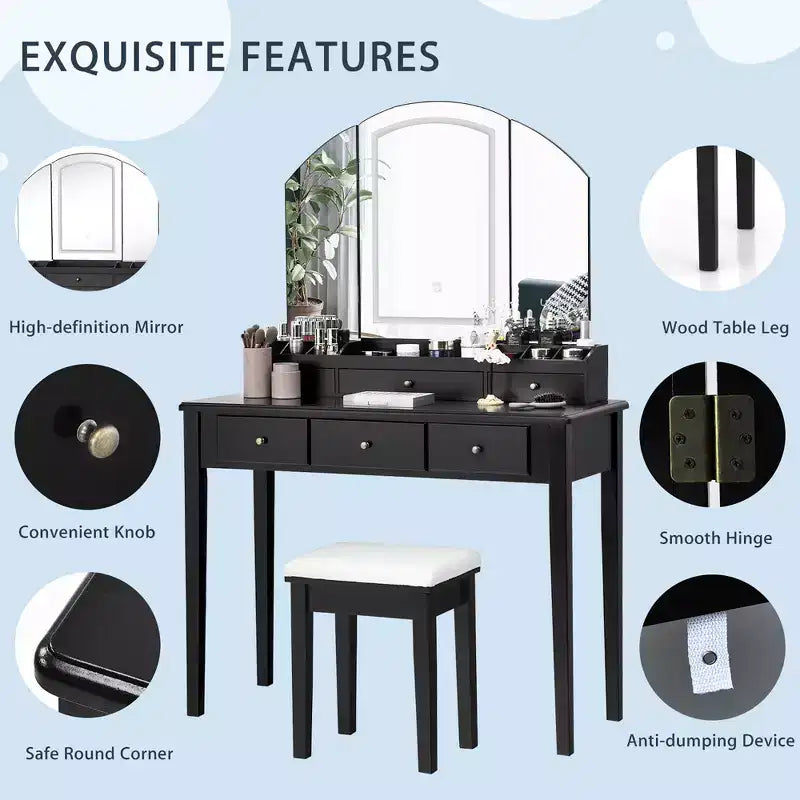 Costway Vanity Table Stool Set Large Tri-folding Lighted Mirror 6 Drawer Dresser White\Black