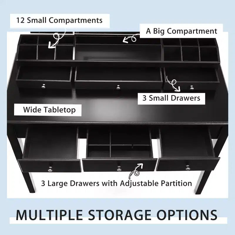 Costway Vanity Table Stool Set Large Tri-folding Lighted Mirror 6 Drawer Dresser White\Black