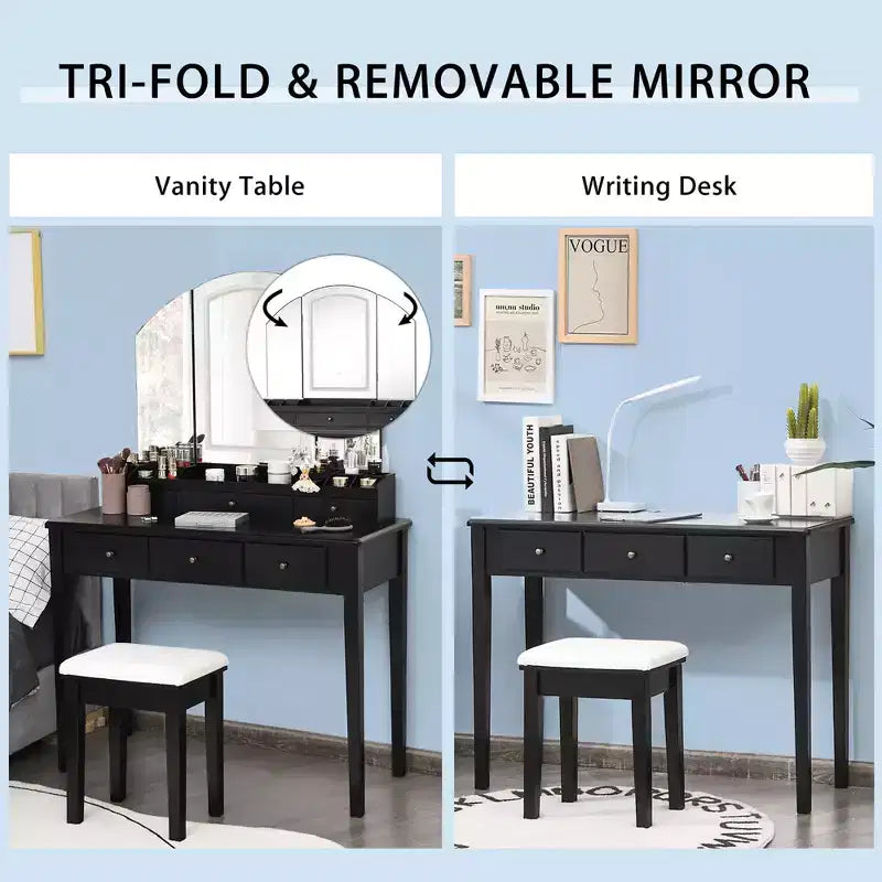Costway Vanity Table Stool Set Large Tri-folding Lighted Mirror 6 Drawer Dresser White\Black