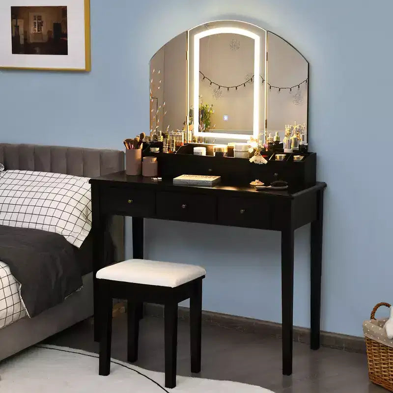 Costway Vanity Table Stool Set Large Tri-folding Lighted Mirror 6 Drawer Dresser White\Black