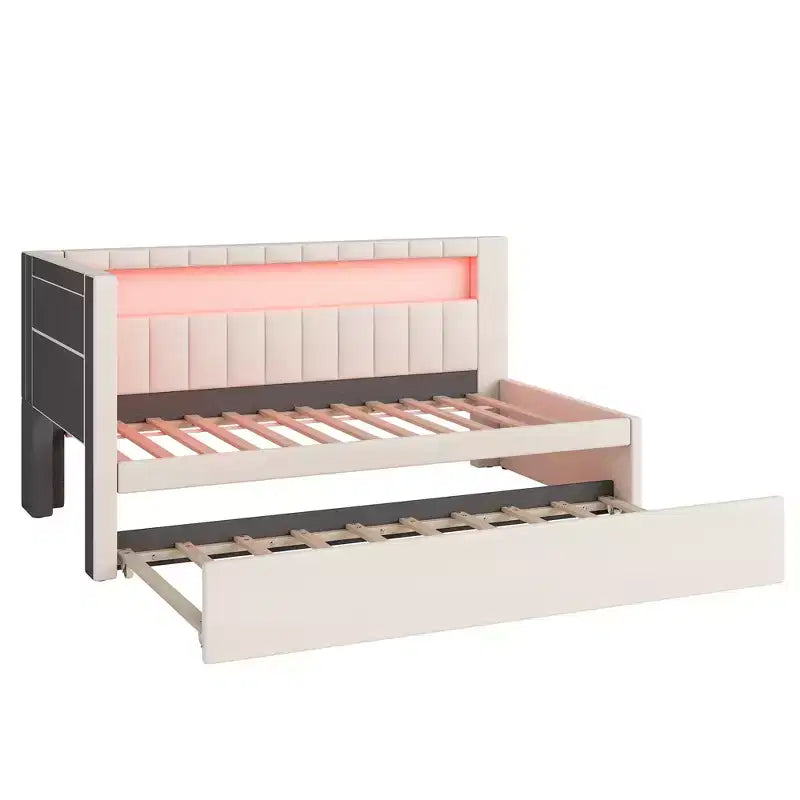 Twin/Full Daybed with Trundle and L-Shaped Bookshelf Headboard, Linen Upholstered Soft Corner Bed with Storage Shelves and LED Belt