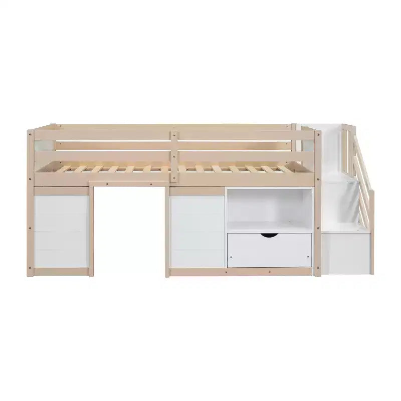 94.6L x 42.3W Solid Wood Twin Size Low Loft Bed With Stair, Drawer And Shelf, Modern & Clean Design