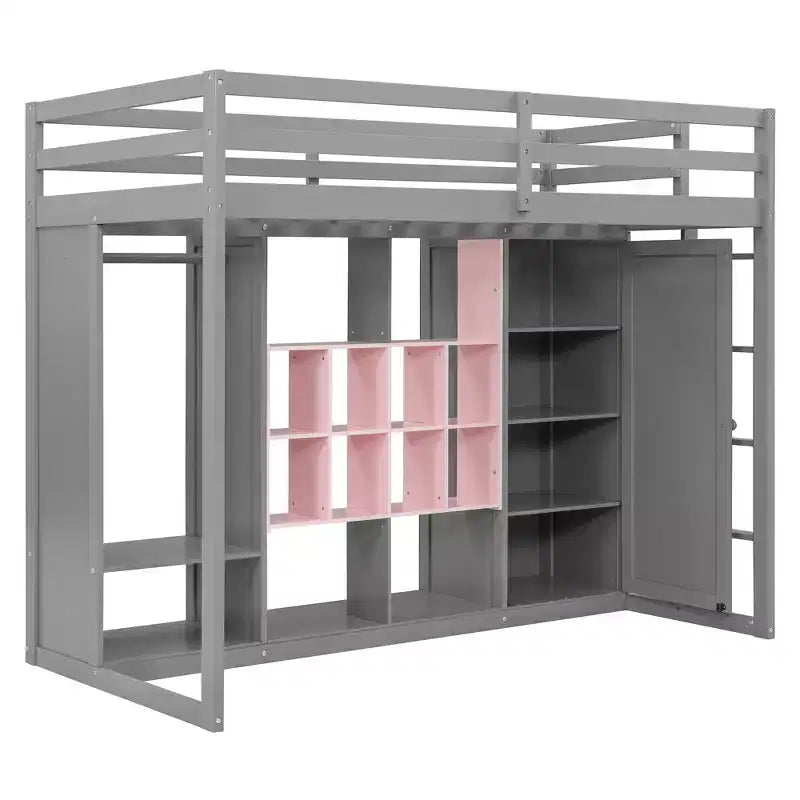 Kids Loft Bed with Wardrobe and Shelves, Wooden Loft Bed Frame with Storage Cabinet for Kids Teens