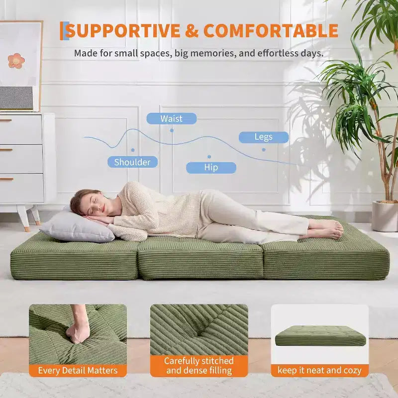 SunnyFurn 6 Inch Tri-Fold Mattress Sofa Bed, 75X54.3 Foam Folding Guest Bed with Tufted Corduroy, Portable for Camping, Living Room, Bedroom