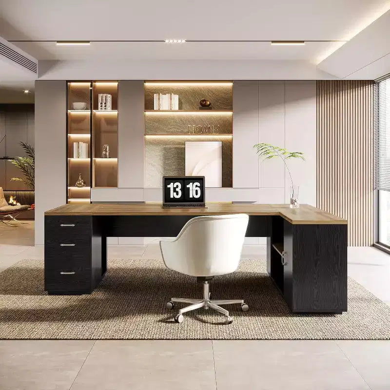 Lantine 85.8 L-Shaped Executive Desk, Extra Large Office Computer Desk with File Drawers for Home Office