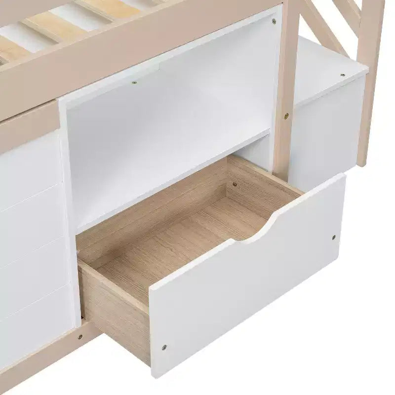 94.6L x 42.3W Solid Wood Twin Size Low Loft Bed With Stair, Drawer And Shelf, Modern & Clean Design