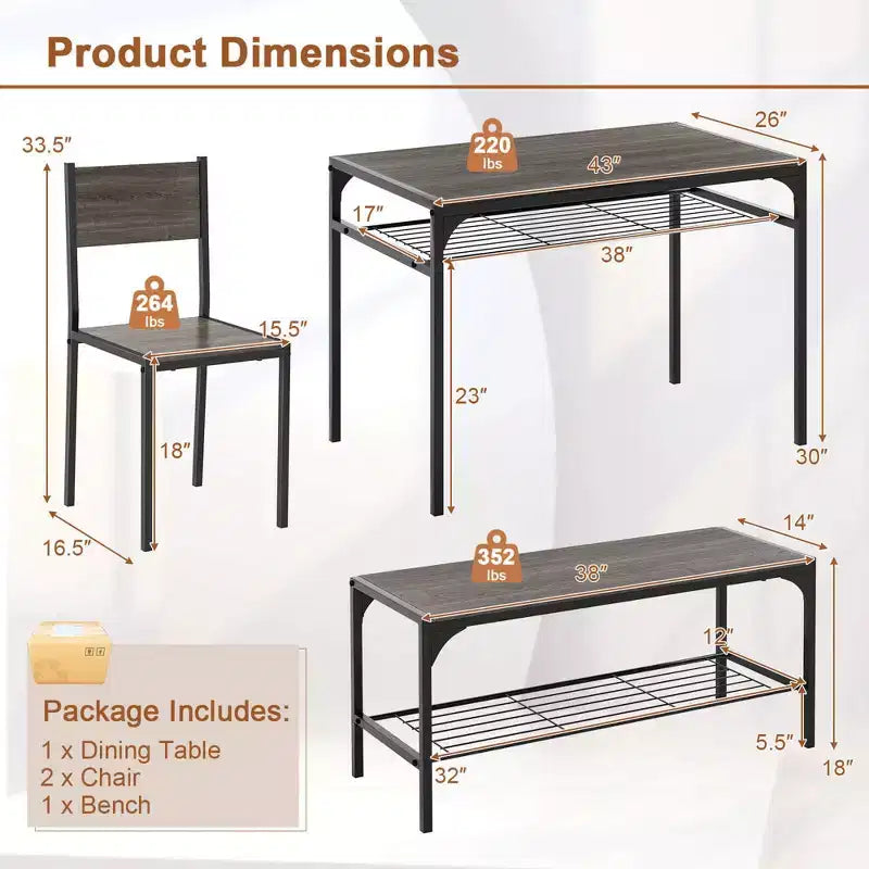 Costway Dining Table Set for 4 Rectangular Table with 2 Chairs, 1 Bench, Storage Racks Rustic Brown/Gray/Brown