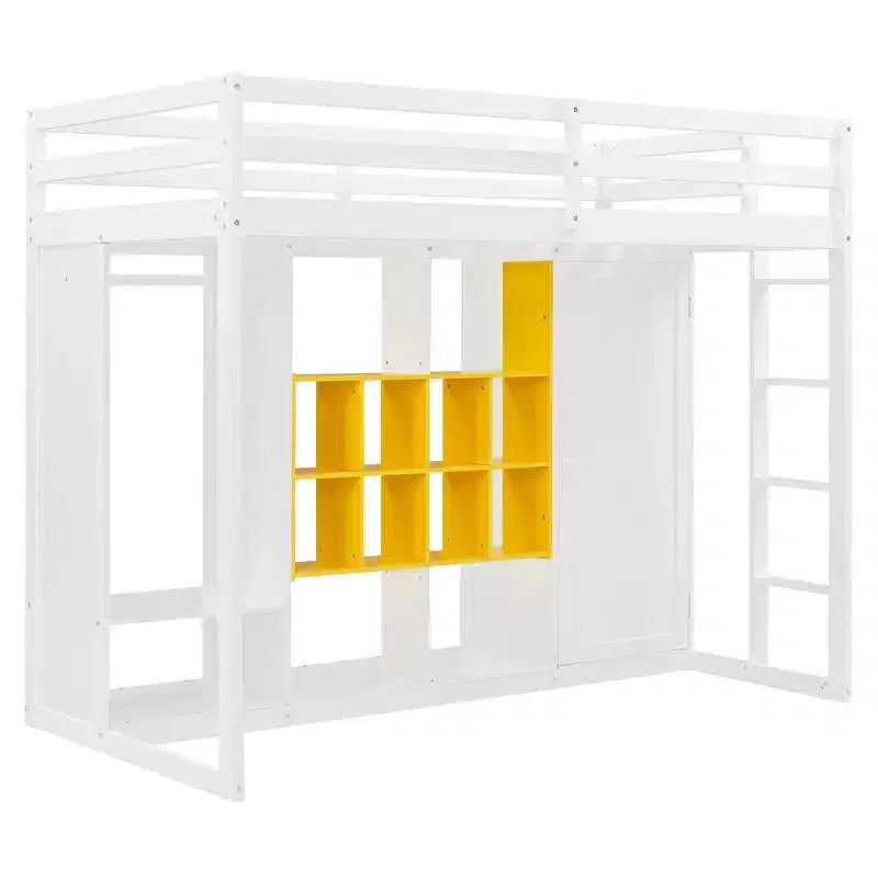 Kids Loft Bed with Wardrobe and Shelves, Wooden Loft Bed Frame with Storage Cabinet for Kids Teens