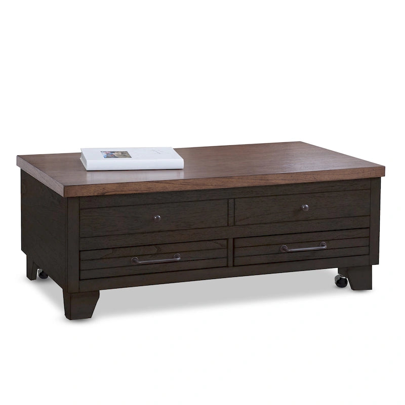 Table basse relevable en bois bicolore avec roulettes